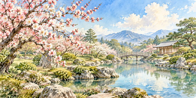 梅と庭石の水彩風景 梅と庭石の水彩風景