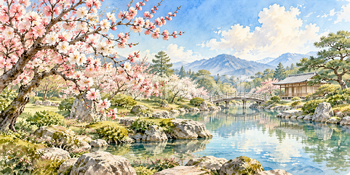 梅と庭石｜日本庭園の無料水彩風景イラスト素材 106163