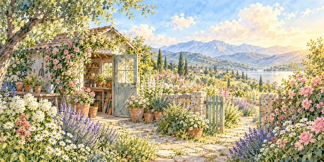 庭の小屋の水彩風景 庭の小屋の水彩風景