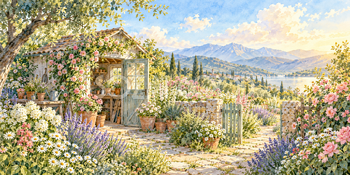 庭の小屋｜花咲く庭と小道の無料水彩風景イラスト素材 106164