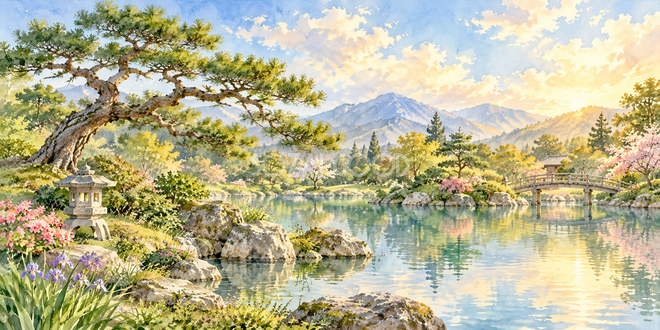 松の水辺の水彩風景 松の水辺の水彩風景