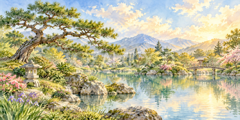松の水辺｜日本庭園の無料水彩風景イラスト素材 106165