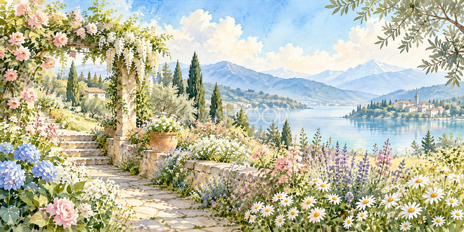 朝光の花園の水彩風景