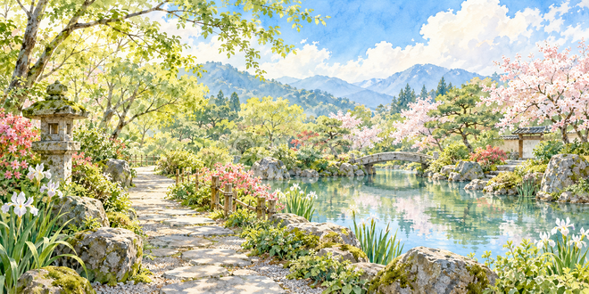 新緑の庭の水彩風景