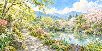 新緑の庭｜日本庭園の無料水彩風景イラスト素材 106167