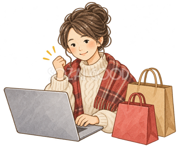 ノートパソコンで買い物する女性の水彩イラスト｜サイバーマンデーの無料素材 106171
