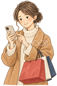 スマートフォンで買い物する女性の水彩イラスト｜サイバーマンデーの無料素材 106173