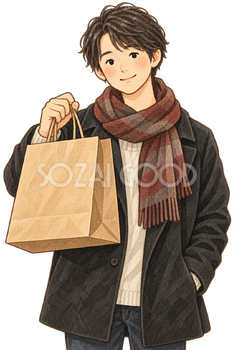 紙袋を持つ男性の水彩イラスト｜ブラックフライデーの無料素材 106174