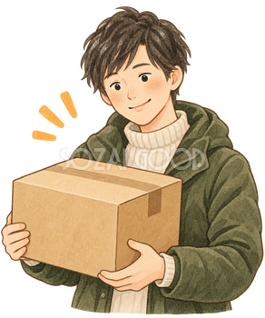 通販の荷物を受け取る男性の水彩イラスト｜サイバーマンデーの無料素材 106175