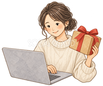 パソコンでギフトを選ぶ女性の水彩イラスト｜サイバーマンデーの無料素材 106179