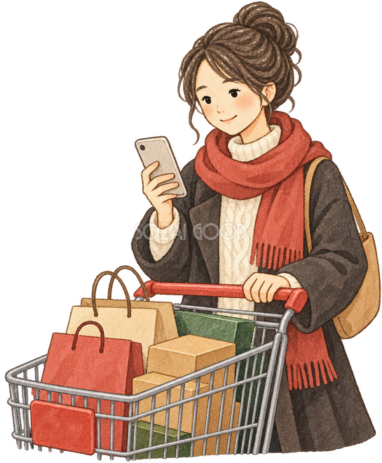 スマートフォンを確認する買い物中の女性