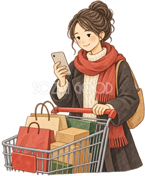 スマートフォンを確認する買い物中の女性の水彩イラスト｜サイバーマンデーの無料素材 106181