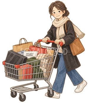 買い物カートを押す女性の水彩イラスト｜ブラックフライデーの無料素材 106182