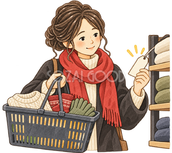 衣類を選ぶ女性の水彩イラスト｜ブラックフライデーの無料素材 106184