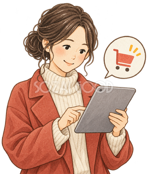 タブレットで注文を確認する女性の水彩イラスト｜サイバーマンデーの無料素材 106187