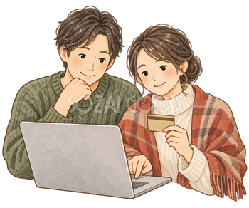 通販を楽しむ夫婦の水彩イラスト｜サイバーマンデーの無料素材 106191