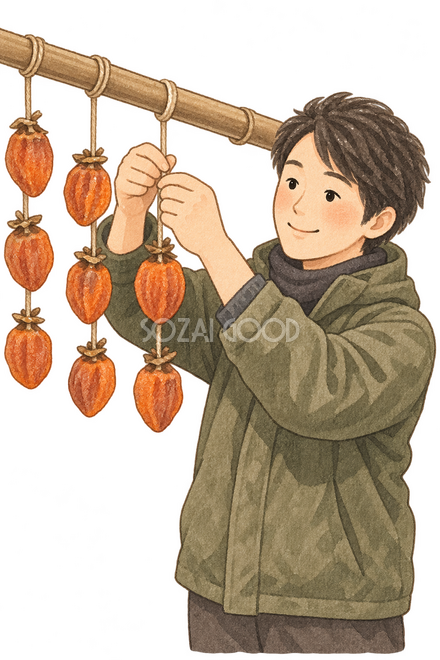 干し柿を吊るす男性