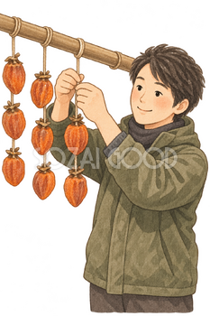 干し柿を吊るす男性の水彩イラスト｜干し柿の無料素材 106203