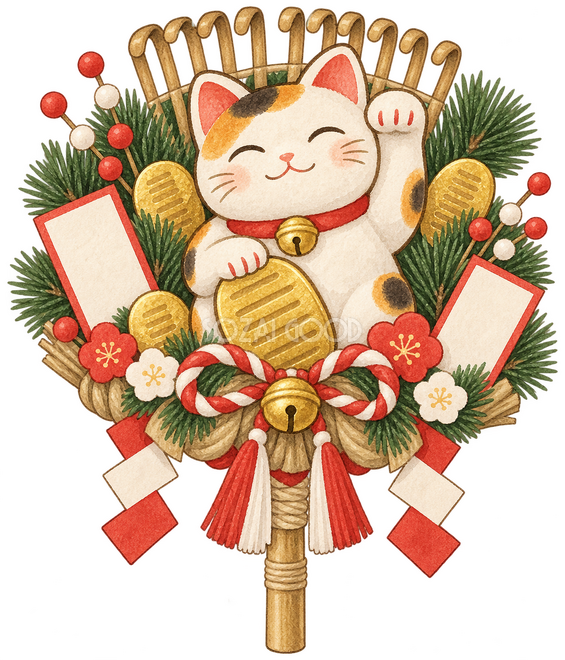 招き猫と松の縁起熊手