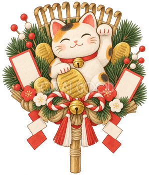 招き猫と松の縁起熊手の水彩イラスト｜酉の市の無料素材 106204