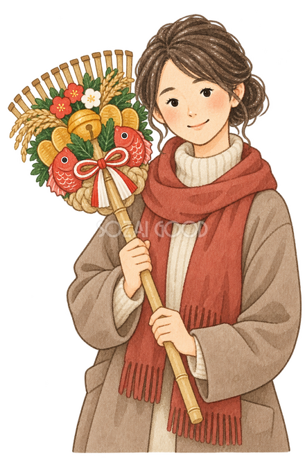 熊手を持つ女性