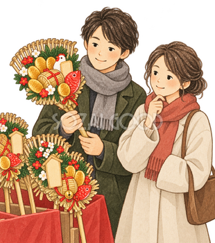 熊手を選ぶ夫婦の水彩イラスト｜酉の市の無料素材 106210