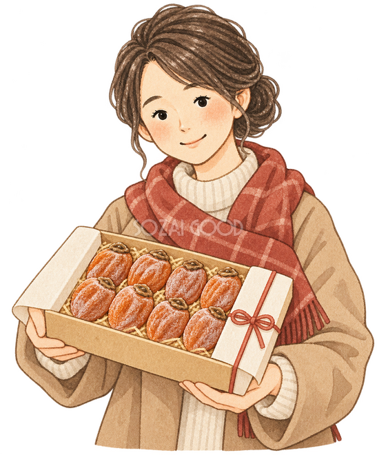 干し柿の贈り物を持つ女性