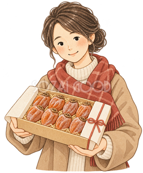 干し柿の贈り物を持つ女性の水彩イラスト｜干し柿の無料素材 106211