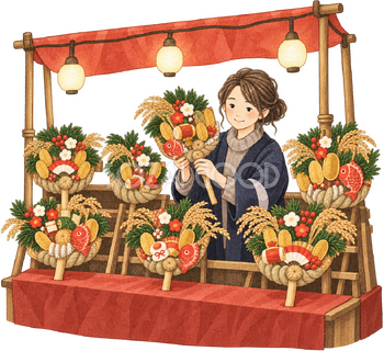 熊手を並べる露店の水彩イラスト｜酉の市の無料素材 106213
