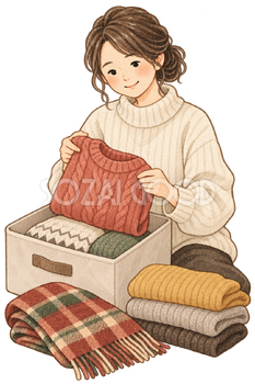冬服を用意する女性の水彩イラスト｜立冬の無料素材 106223