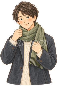マフラーを巻く男性の水彩イラスト｜立冬の無料素材 106224