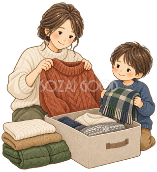 冬物を出す親子の水彩イラスト｜立冬の無料素材 106225