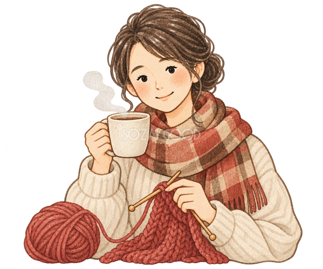 温かい飲み物と編み物を楽しむ女性