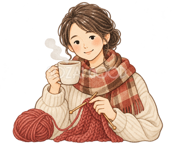 温かい飲み物と編み物を楽しむ女性の水彩イラスト｜立冬の無料素材 106232