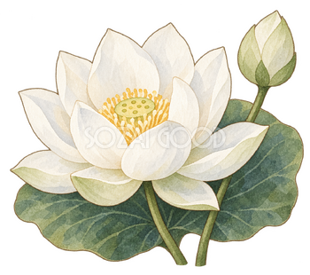 白い蓮の花の水彩イラスト｜喪中はがきの無料素材 106233