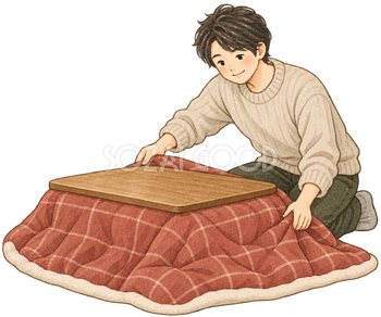 こたつを用意する男性の水彩イラスト｜立冬の無料素材 106234