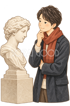 彫刻を見る男性の水彩イラスト｜文化の日の無料素材 106251