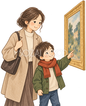 美術館へ行く親子の水彩イラスト｜文化の日の無料素材 106252