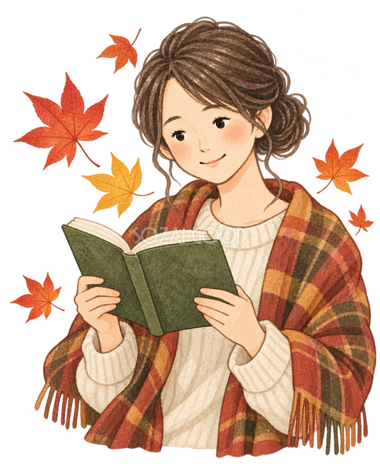 秋の葉と読書する女性 秋の葉と読書する女性