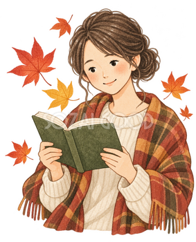 秋の葉と読書する女性の水彩イラスト｜文化の日の無料素材 106256