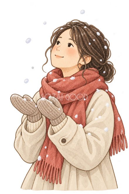 雪を見上げる女性 雪を見上げる女性