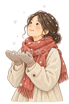 雪を見上げる女性の水彩イラスト｜小雪の無料素材 106257