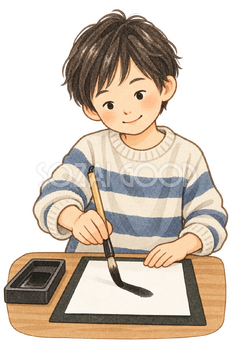 習字をする子どもの水彩イラスト｜文化の日の無料素材 106259