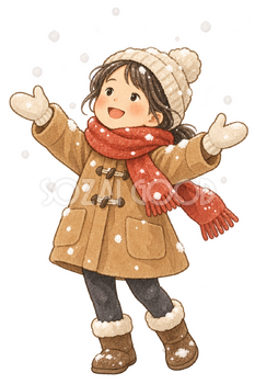 初雪を喜ぶ子どもの水彩イラスト｜小雪の無料素材 106260