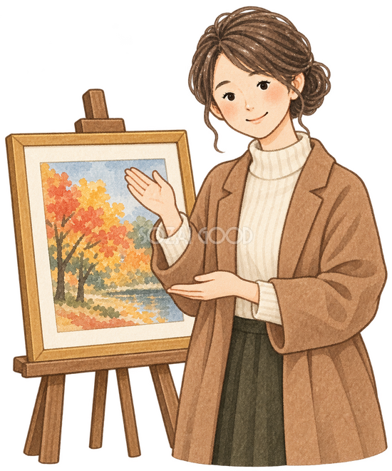 絵画を展示する先生 絵画を展示する先生