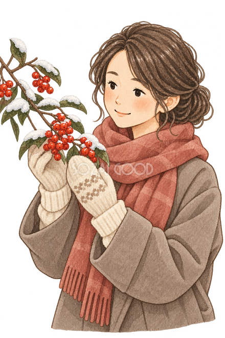 赤い実と薄雪を眺める女性 赤い実と薄雪を眺める女性
