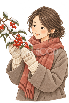 赤い実と薄雪を眺める女性の水彩イラスト｜小雪の無料素材 106264