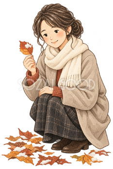 晩秋の落ち葉を拾う女性の水彩イラスト｜小雪の無料素材 106266