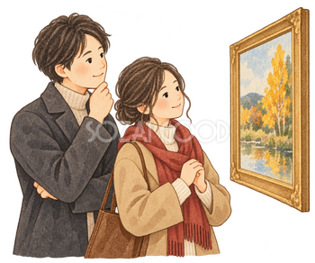 作品を鑑賞する夫婦の水彩イラスト｜文化の日の無料素材 106267
