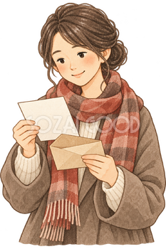 冬の便りを読む女性の水彩イラスト｜小雪の無料素材 106273